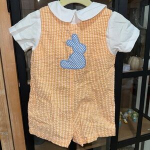 Stitchy Fish Orange Gingham Kids Romper with Blue Bunny